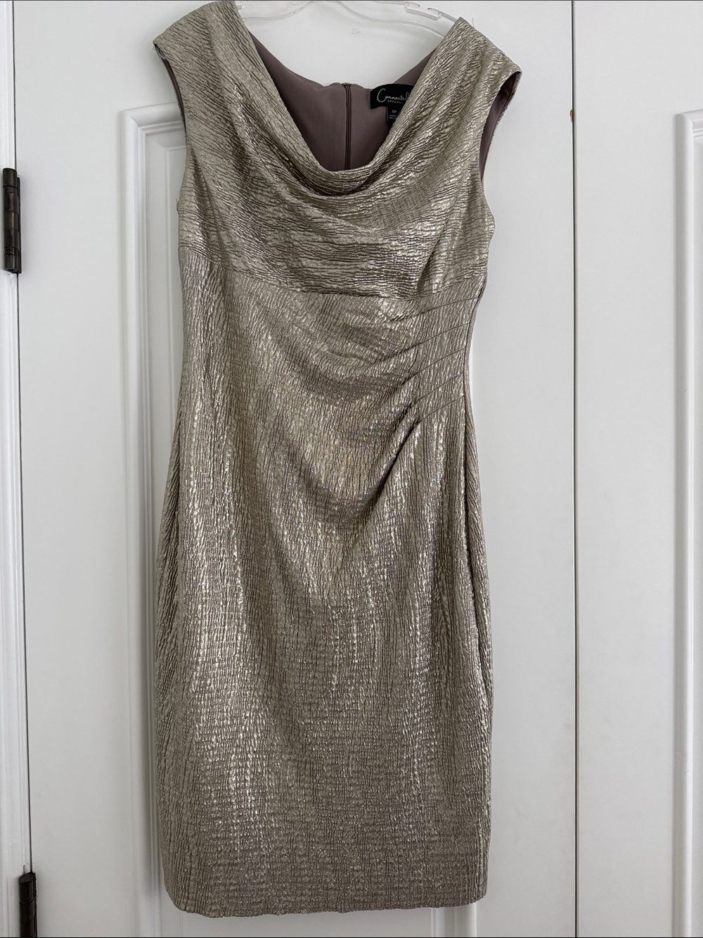connected apparel Metallic Gold Cowl Neck Midi Dress